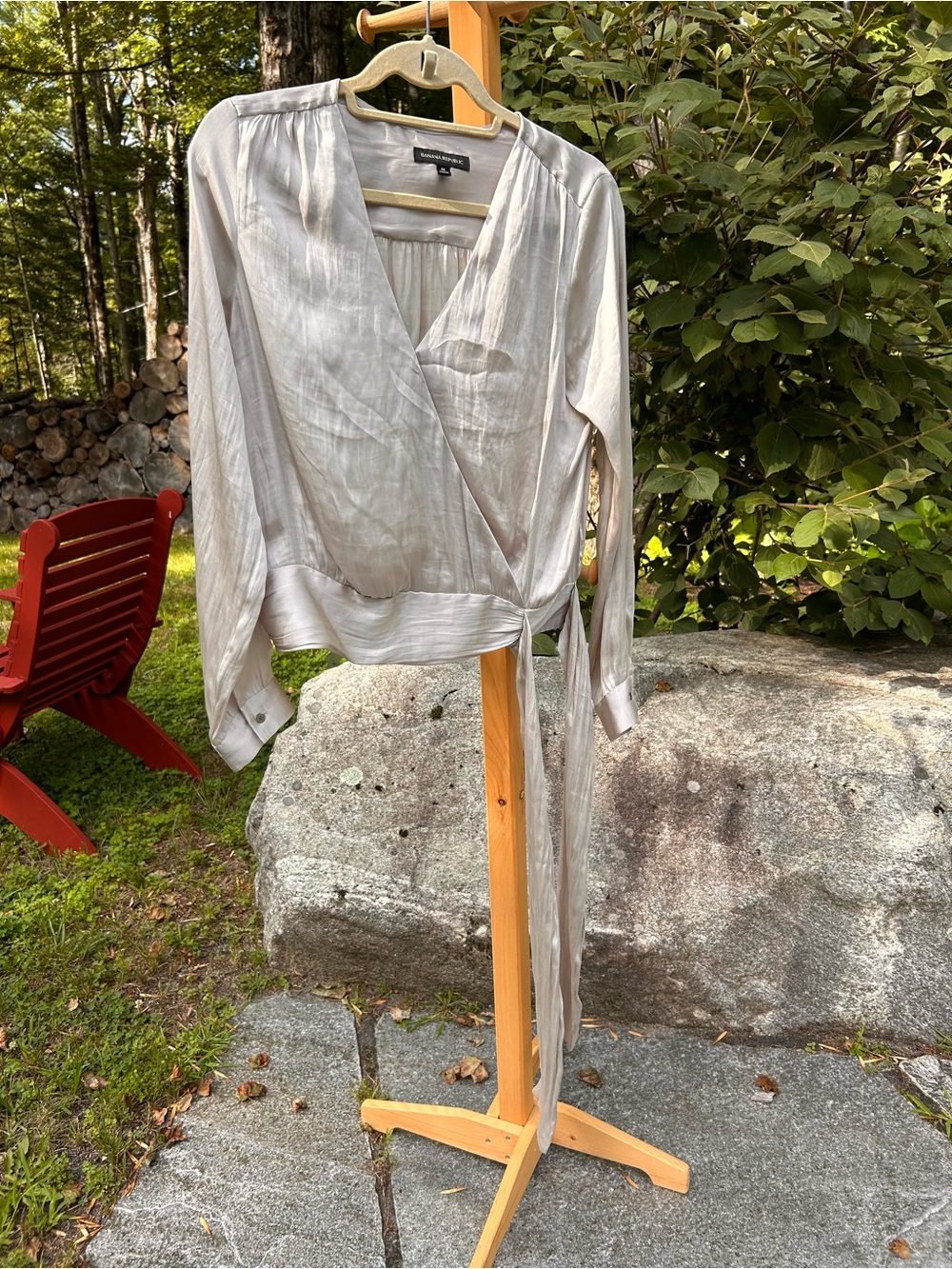 Banana Republic Light Silver Wrap Top with Tie Waist